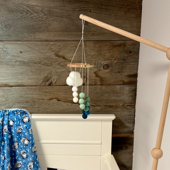 Handmade Mini Baby Mobile- Felt Cloud with Blue Rainstorm Poms - Picture 7 of 8